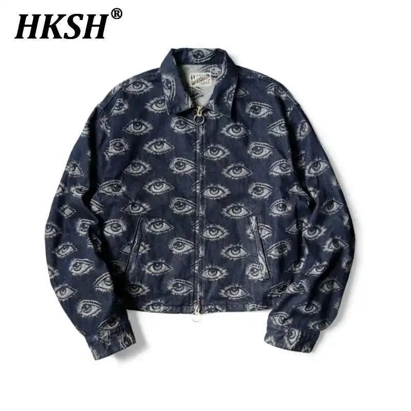 

HKSH Autumn Winter New Men's Tide Punk Darkwear Denim Jackets Casual Eye Embroidered Retro Lapel Long Sleeve Chic Coat HK2990