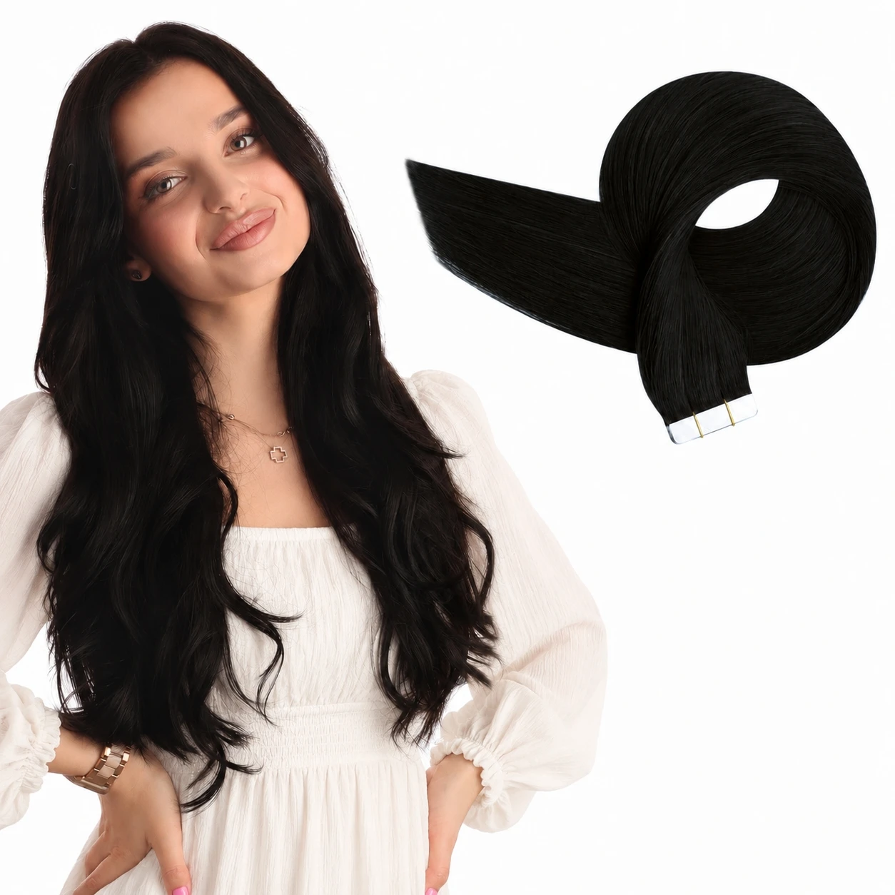 Full Shine Tape on Hair Extensions Remy Straight Natural Hair Pure Color Double Sided Tape for Women