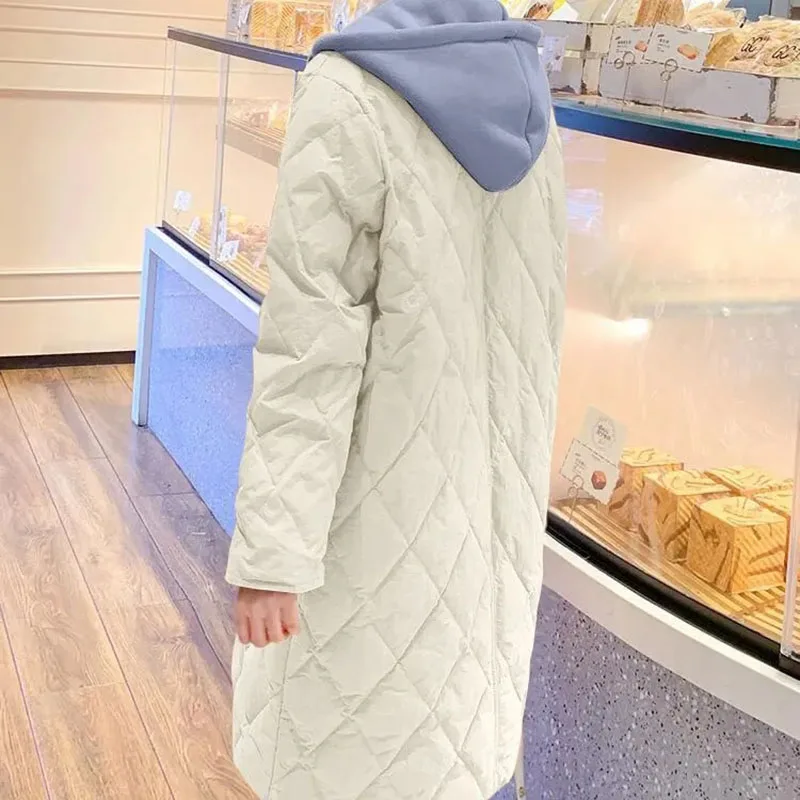 2024 Winter New Women\'s Clearance Plus Size Coat Long Female Diamond Lattice Loose Jacket Casual Fashion Hooded Cotton Overcoat