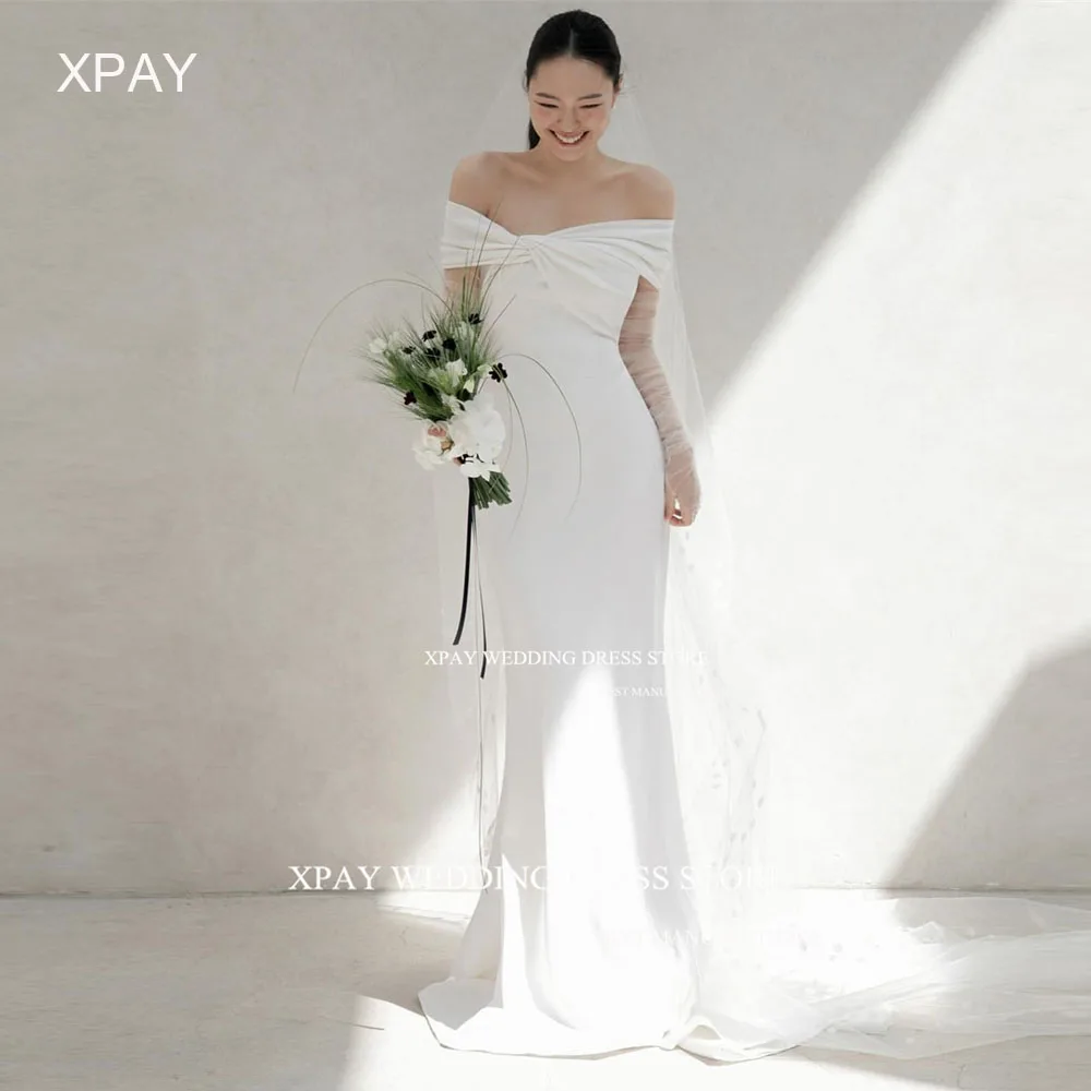 XPAY Off spalla sirena corea abiti da sposa raso elastico maniche lunghe abito da sposa Backless abito da sposa personalizzato servizio fotografico