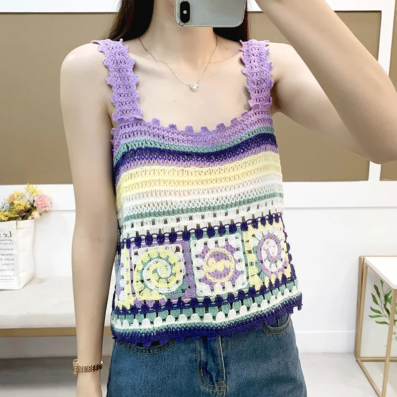 

Square Collar Hollow-Out Knitted Camisole Bandage Dress Women'S Summer New Sweet Design Slimming Stripes Chic Top