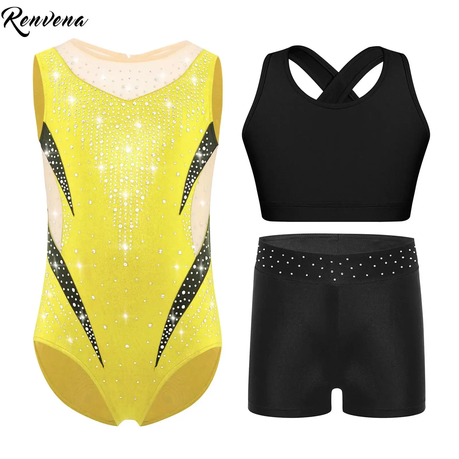 

Детские прозрачные сетчатые комплекты для балета и гимнастики для девочек, танцевальные комплекты, одежда для фигурного катания, купальник со стразами и жилетом, шорты, костюм