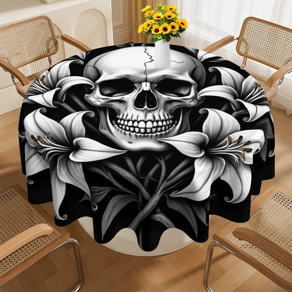 One tablecloth, featuring a Christmas skull and lily flower theme print, suitable for the kitchen of a home.