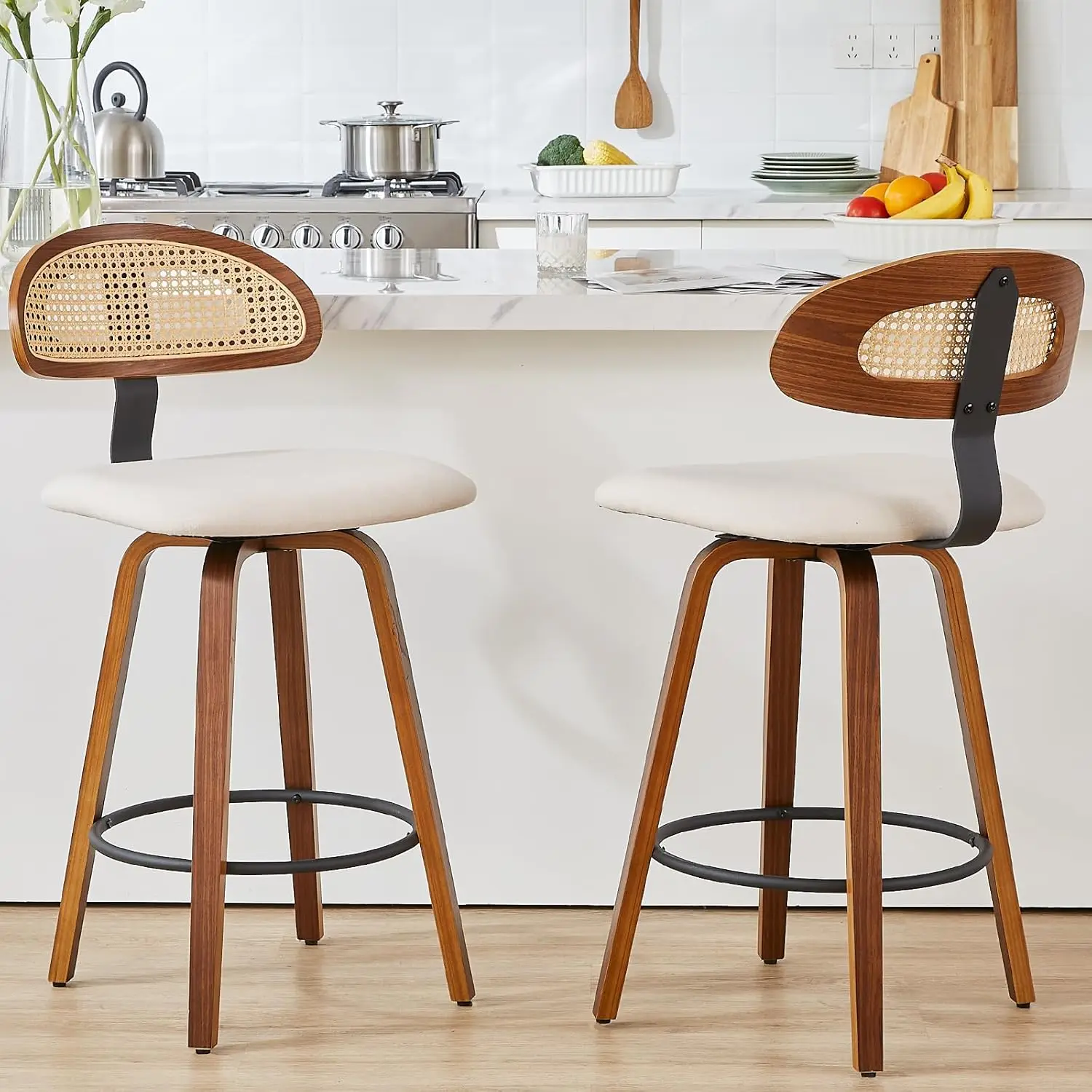 

Swivel Counter Height Bar Stools, 26" Upholstered Seat Barstools with Rattan Back, Bentwood Frame Mid Century Modern Bar