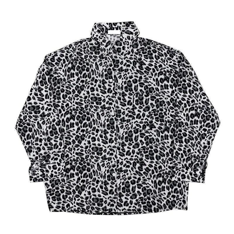 QWEEK Leopard Vintage Y2K Shirt Woman Korean Popular Oversoze Long Sleeve Blouses Spring Casual Chic Couple Clothes Streetwear