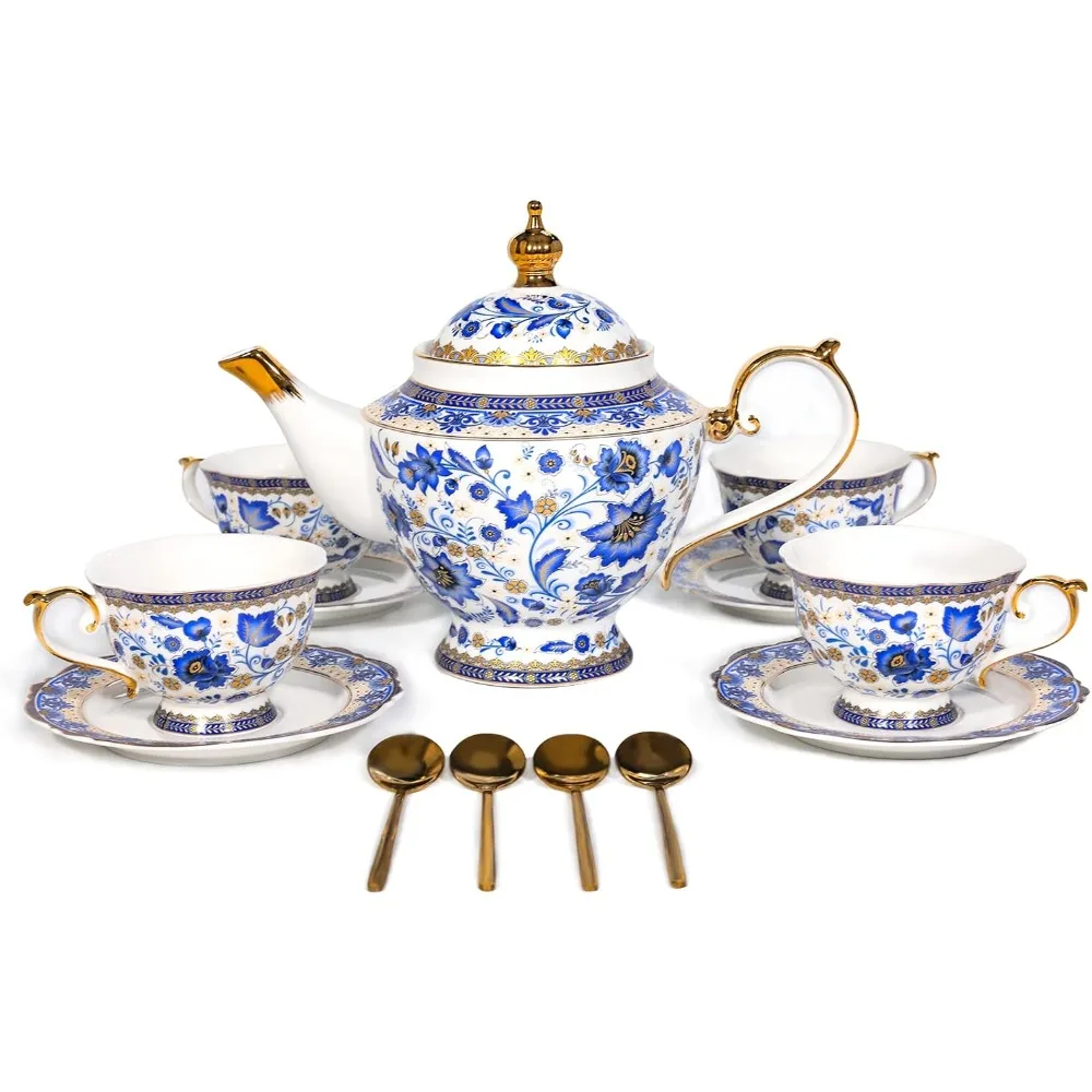

Adults Blue and White Porcelain Tea Set for 4, Vintage Floral Bone China, Ideal for Women's Parties