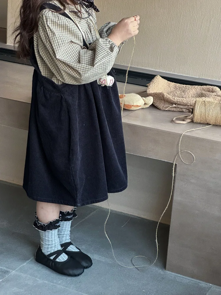 2 To 10 Years , Corduroy School Skirts For Girls Dark Blue Little Girls Skirt Cue Suspender Dresses Child Autumn Spring New 2025