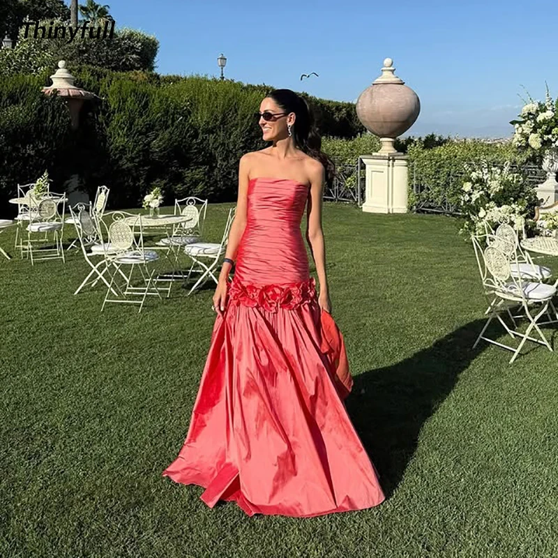 

Thinyfull 3D Flower A-line Arabic Prom Dress Strapless Sleeveless Evening Dresses Formal Occasion Gown Robe De Soirée Customized