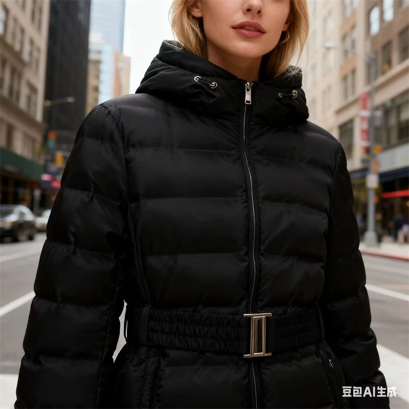 Chaqueta de algodón con capucha y cinturón para mujer, abrigo acolchado ajustado, abrigo cálido de invierno negro y gris oscuro