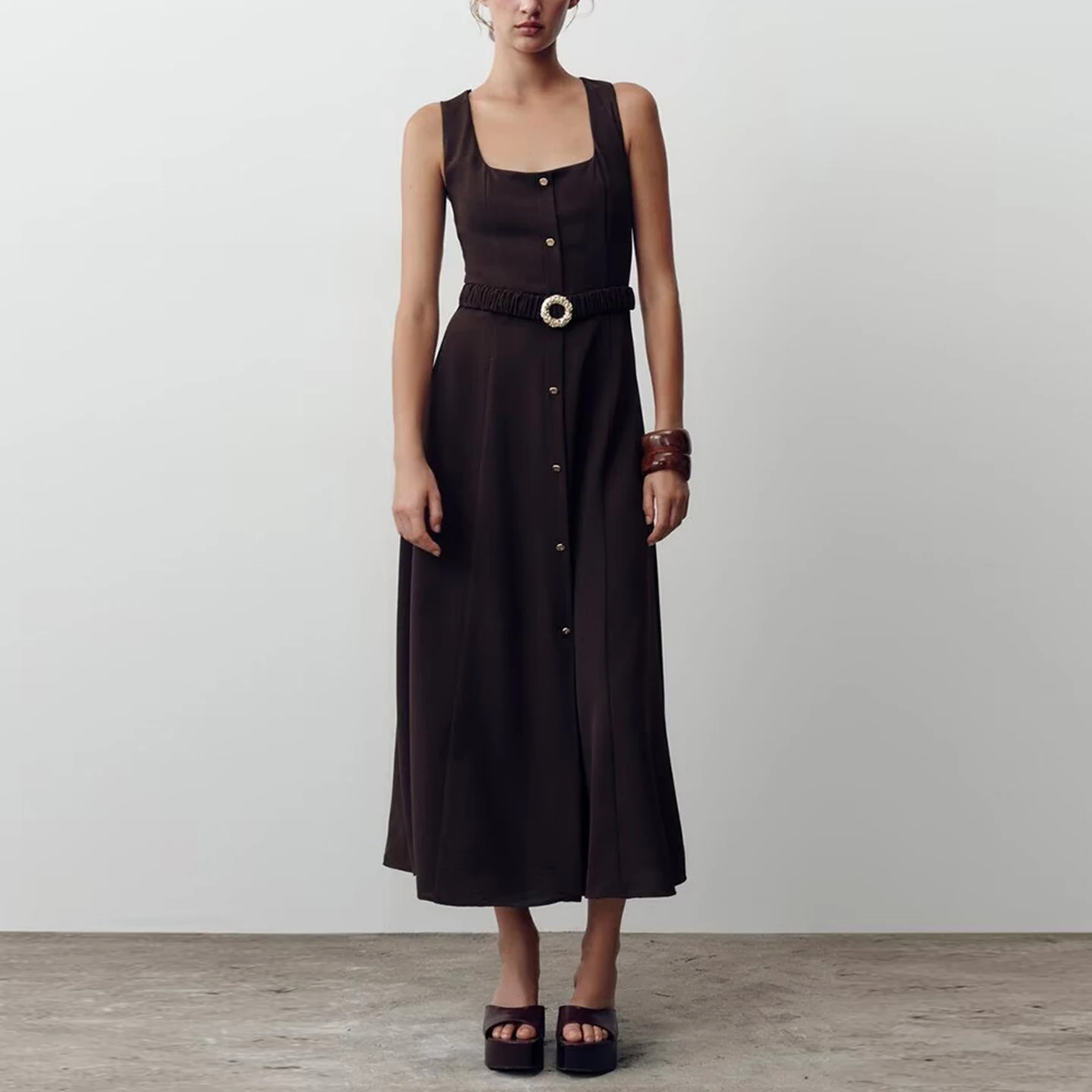 Zomer 2022 Nieuwe Dames Midi Dr Met Riem Vierkante Kraag Strapl Polyester Hoge Taille A-lijn Rok Dagelijks Woon-werkverkeer Dr