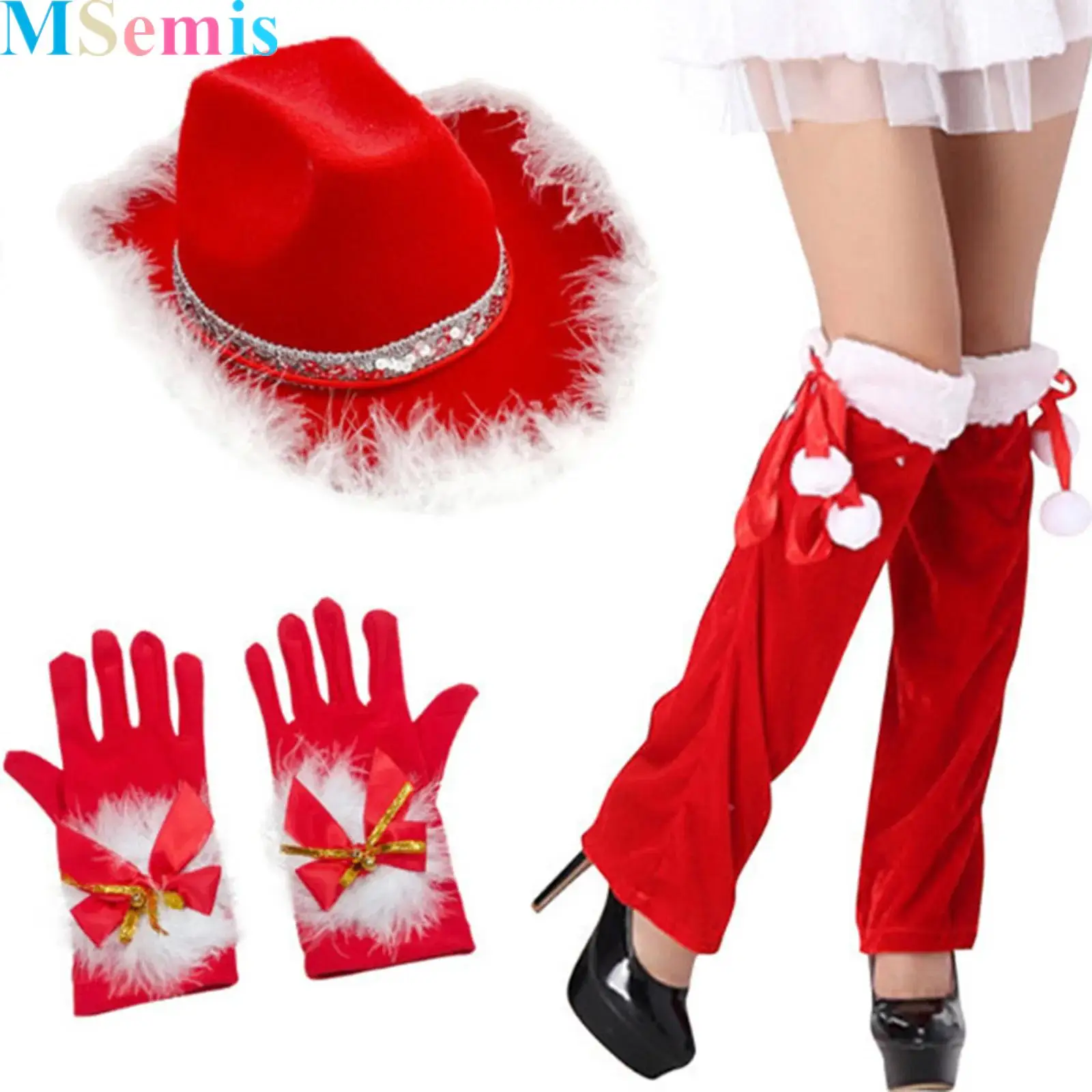 

Christmas 3 Pieces Dress Up Accessories Set Include Hat Gloves Leg Cover Or Socking for Women Xmas Parties Supplies