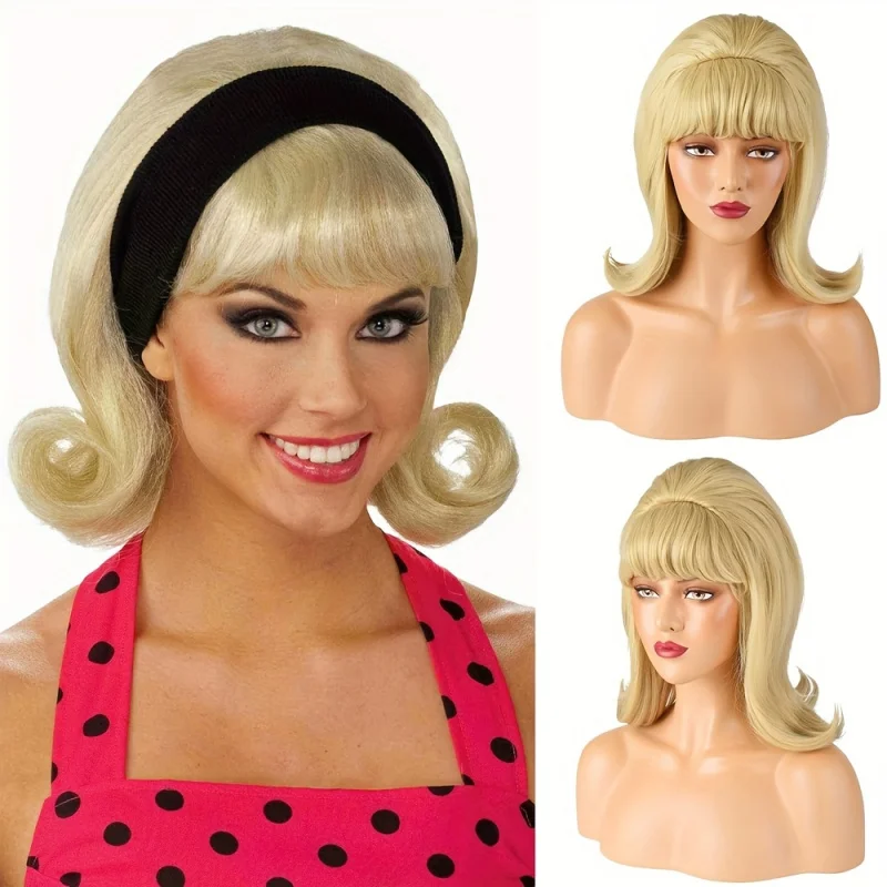 

14 Inch Blonde Bob Wig For Women, Natural Looking Synthetic Hair Wig With Bangs & Realistic Scalp, 1950s Retro Style Wig For Cos