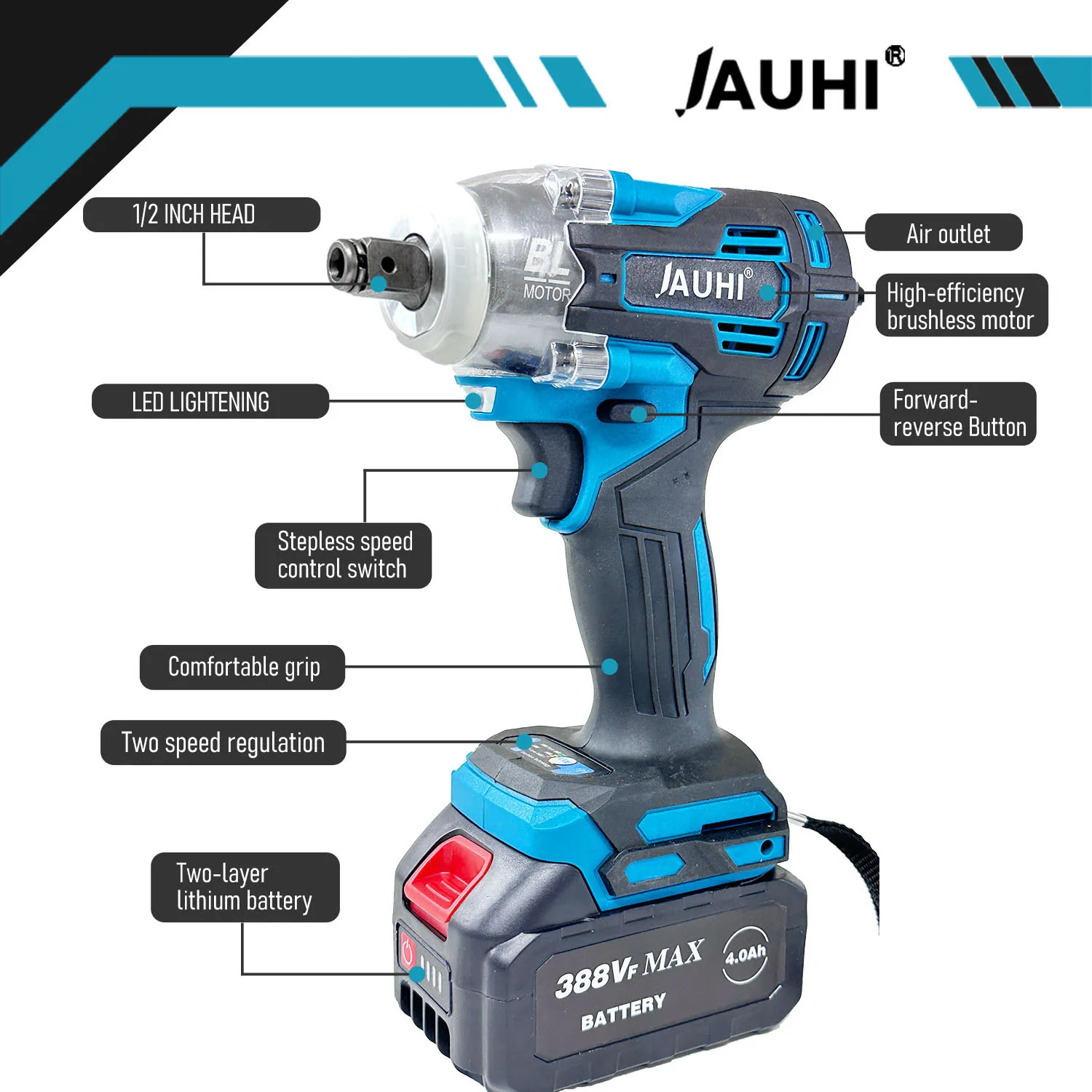 JAUHI Electric Impact Wrench Brushless Cordless Electric Wrench 1/2 inch Compatible Makita 18V Battery Screwdriver Power Tools