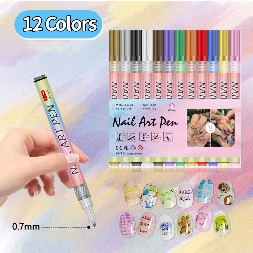 12pcs Nail art graffiti pen, color painting pen, nail DIY, quick-drying marker pen, colored drawing and outlining nail art pen