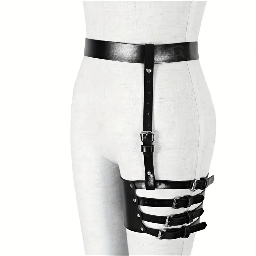 Gothic Single Leg Harness Belt Wide Multi Layer Buckle PU Leather Garter Belt Adjustable Thigh Belt Women\'s Waistband Accessorie