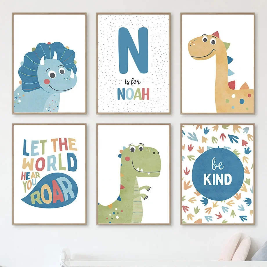 Personalized Cartoon Dinosaur Nursery Wall Art 2