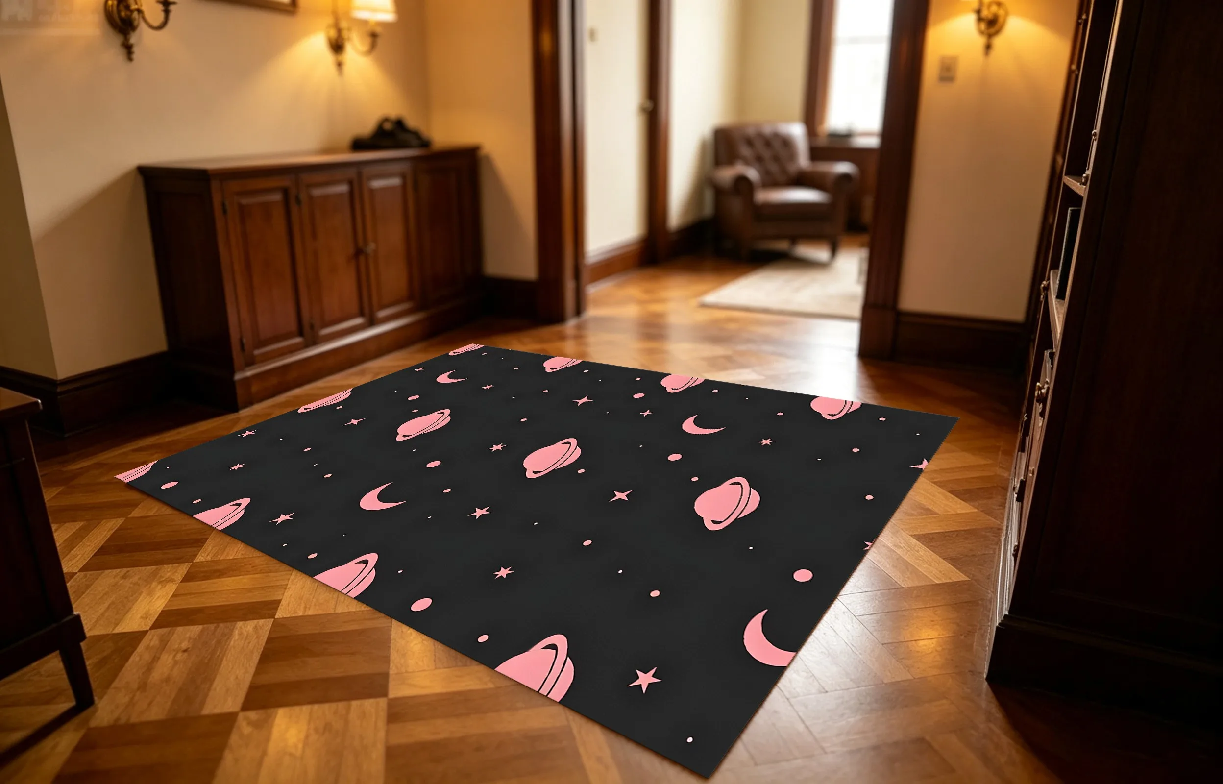 Pink and Black Star, Moon, and Planet Print, Sweet and Cool Instagram Style, Romantic and Suitable for Holidays, Bedroom, Bedside, Children's Room, Walk-In Closet, Can Be Used to Create a Playful and Dreamy Girly Soft Furnishing Velvet Rug