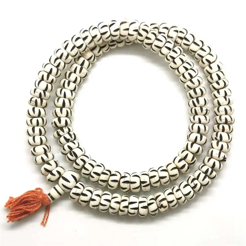 Tibetan Prayer Beads Malas 108 Yak Bone Caved Disc Beads Strand 13x5mm Multi Colors BRO869