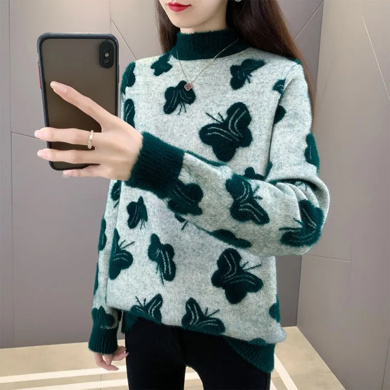 Autumn and Winter Fashion Hong Kong Style Half High Neck Westernized Butterfly Jacquard Imitation Mink Fleece Loose Sweater