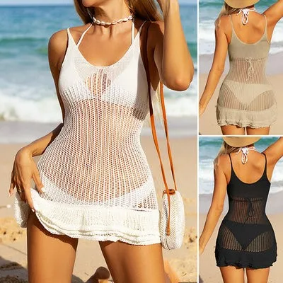 Sexy ort malha oco para fora dupla camada de renda praia dr feminino verão commute sle sem marca sem marca registrada