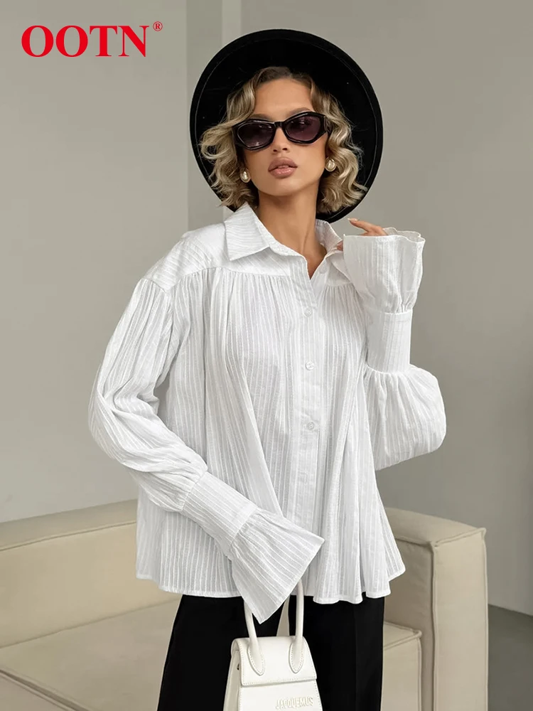 OOTN Elegant Flare Sleeves Jacquard Weave Shirt Women Office Ladies Turn Down Collar Oversize Blouses And Tops Autumn 2024 Loose