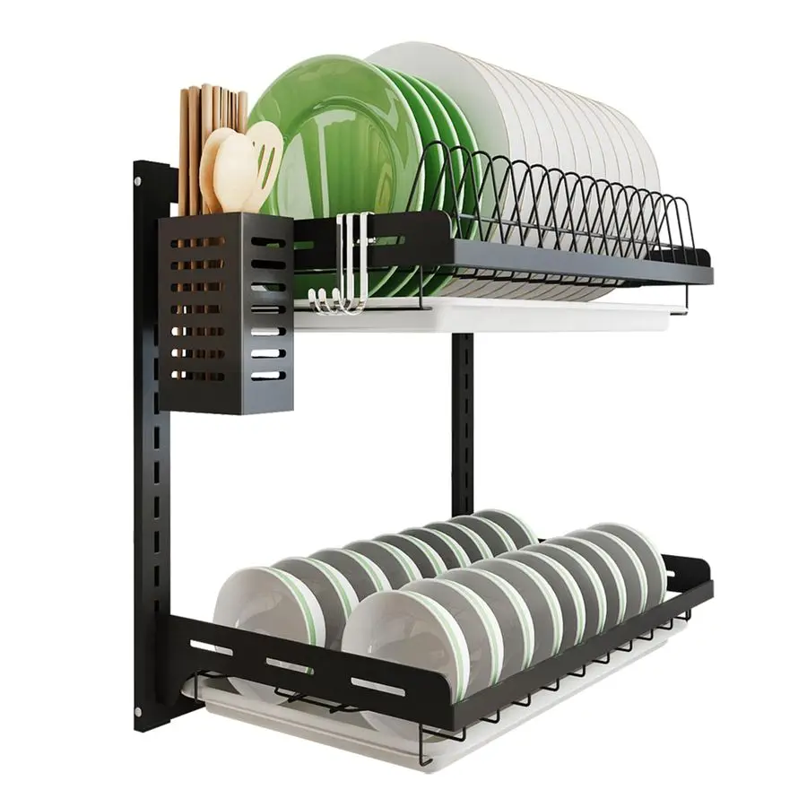 

Kitchen Dish Rack,Hanging Dish Drying Rack Organizer Storage Shelf Over Sink,2 Tier Wall Mount Bowl Holder with Drain Tray and S