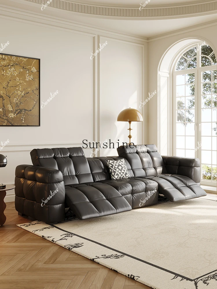 

Pull-up leather sofa black retro style small apartment multi-functional home sofa FT