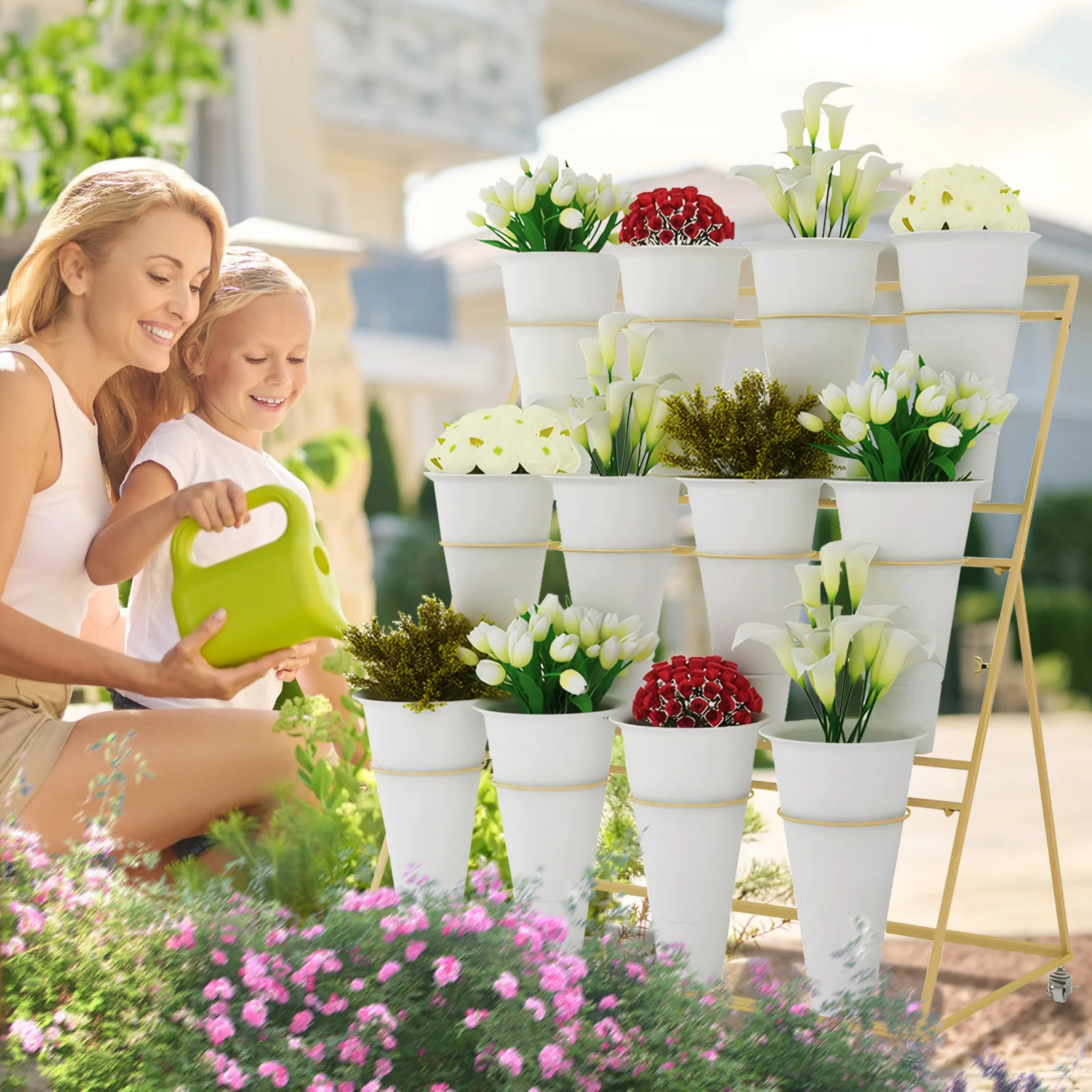 3 Tier Metal Florist Shelf with Wheel Or 12Pcs Tapered Bucket Flower Pot Golden Frame Metal Plant Display Stand for Patio Garden