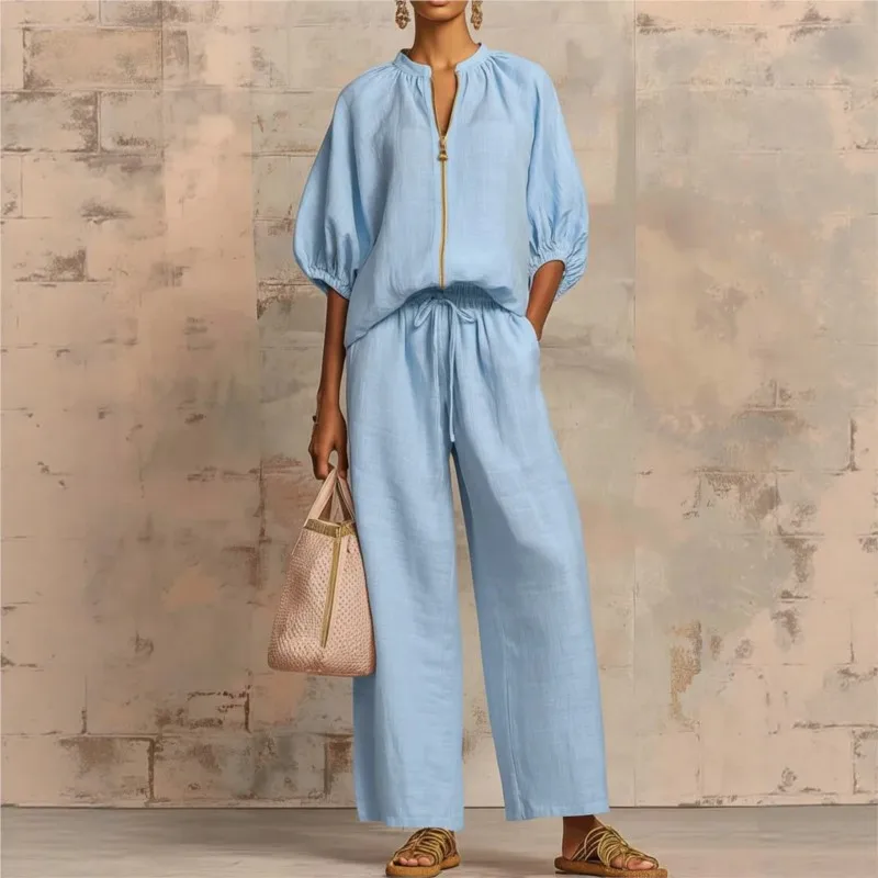 

Solid Color Office Two-piece Set For Women Summer Fashion Zipper Cardigan Top+wide Leg Pants Suit Ladies Round Neck Top Outfit