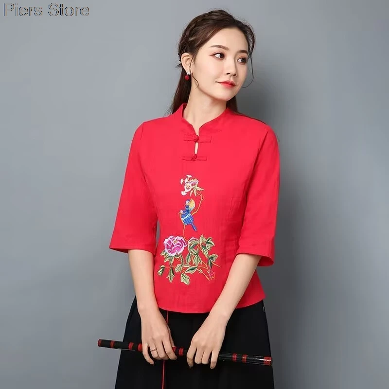 Vintage algodão linho chinês tang terno feminino verão solto tradicional hanfu topo elegante estilo nacional blusa 2xl bordado