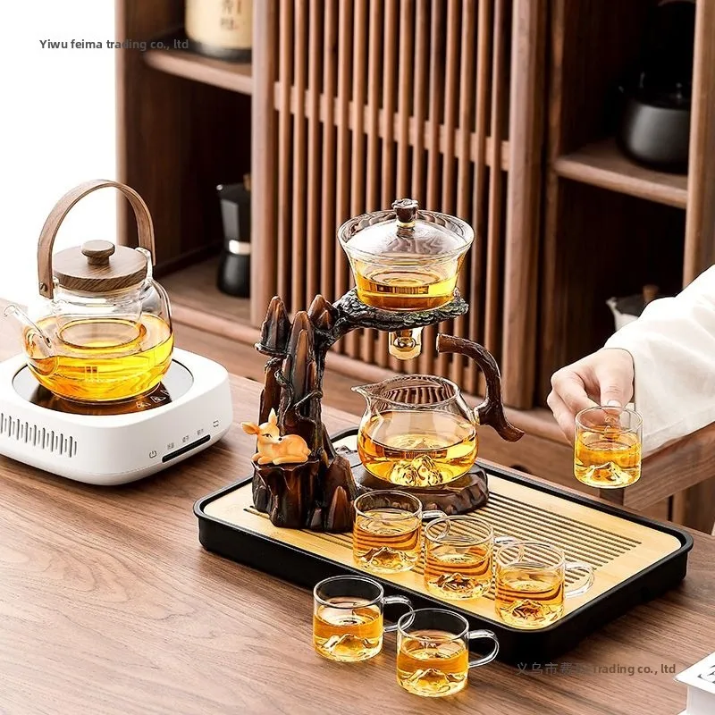 Resin Base Glass Tea Set Magnetic Self Brewing Teapot With Cups Tray Gift