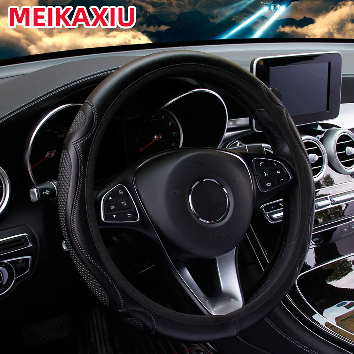 38cm PU Leather Embossed Massage Comfortable Rimless Steering Wheel Cover Automotive Accessory Suitable for All Seasons