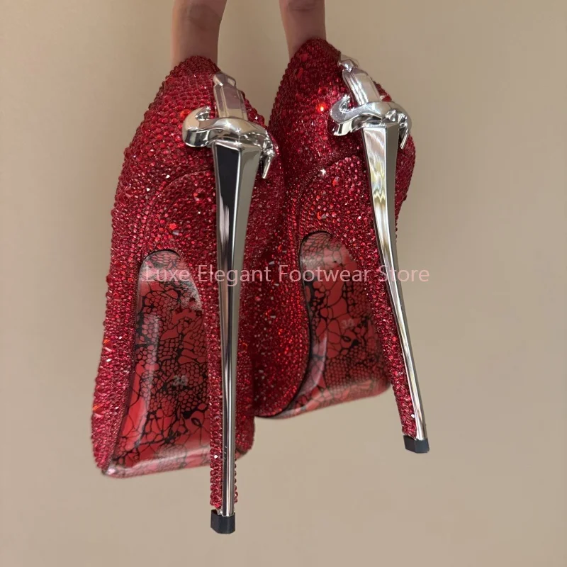 Gold Shiny Crystal Sword Shaped Pointed Thin High Heels Women Sexy Shallow Slip On Pumps Luxury Fashion Evening Party Dress Shoe