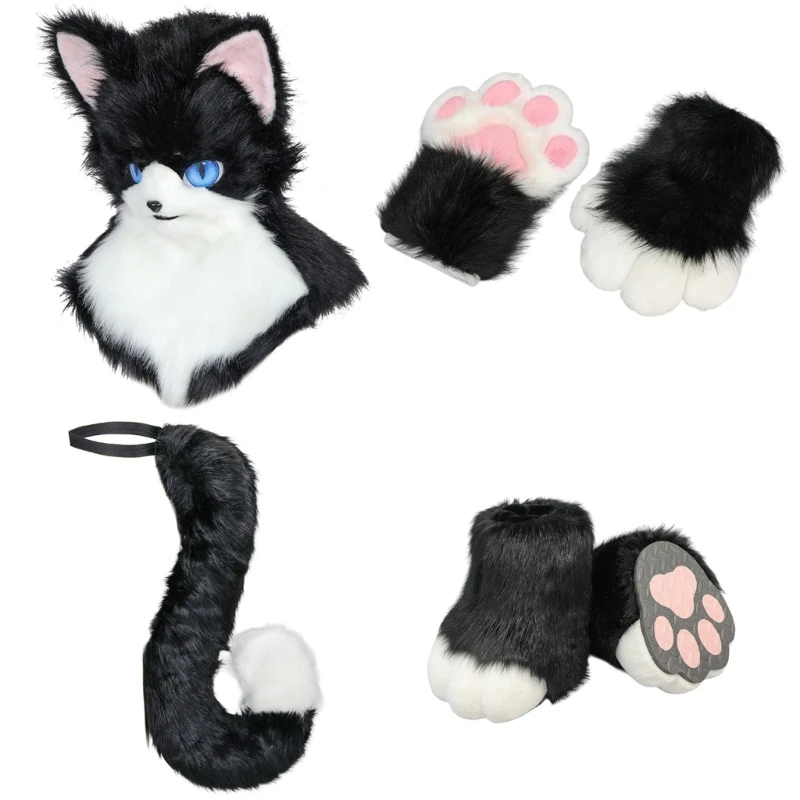 

Plush Cats Headgear Hat Roleplay Costume Head Mask Headgear Cats Tail Paws Gloves