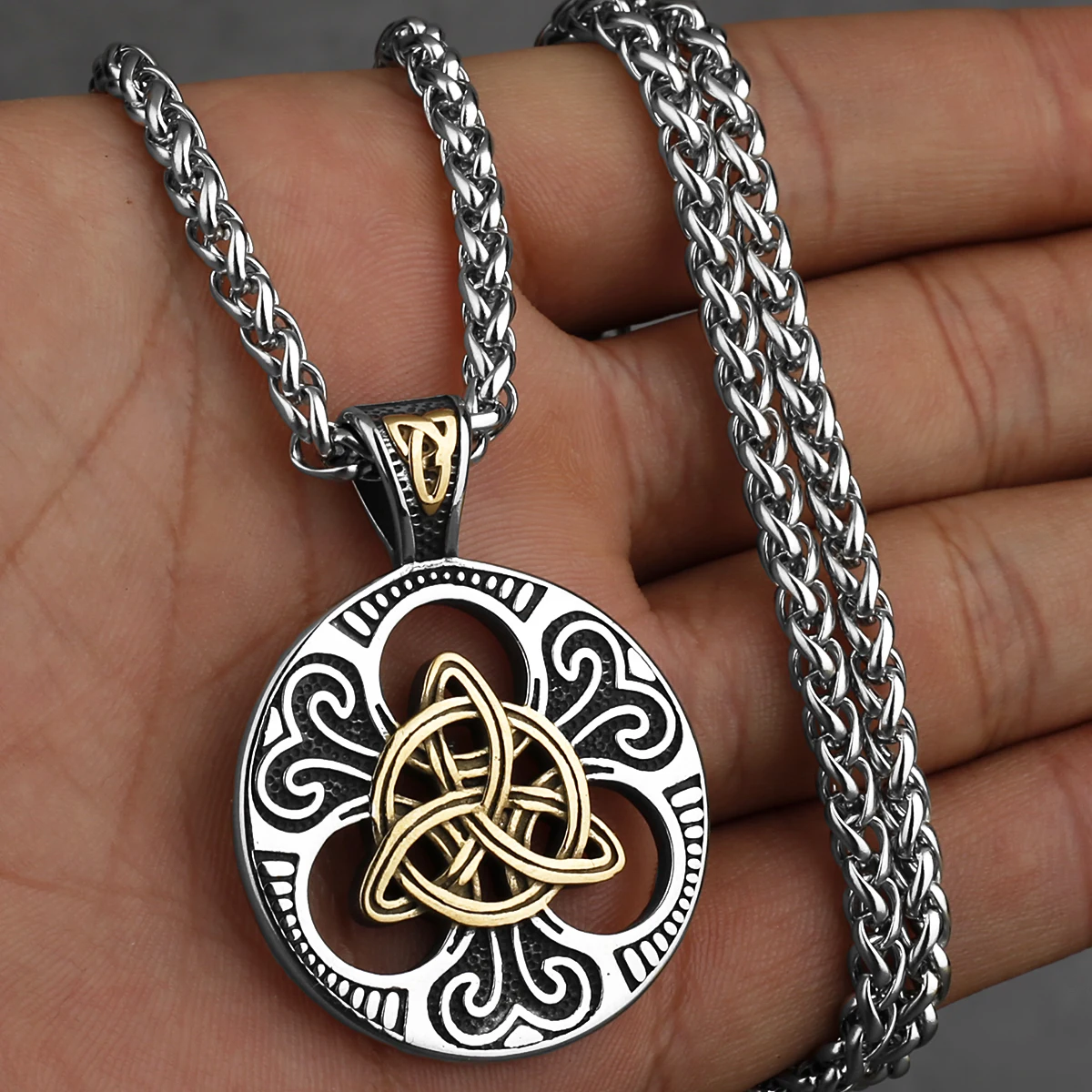 Stainless Steel Vintage Viking Mixed Gold Color Odin Rune Necklace Men Celtic Knot Amulet Pendant Nordic Jewelry as Men’s Gifts