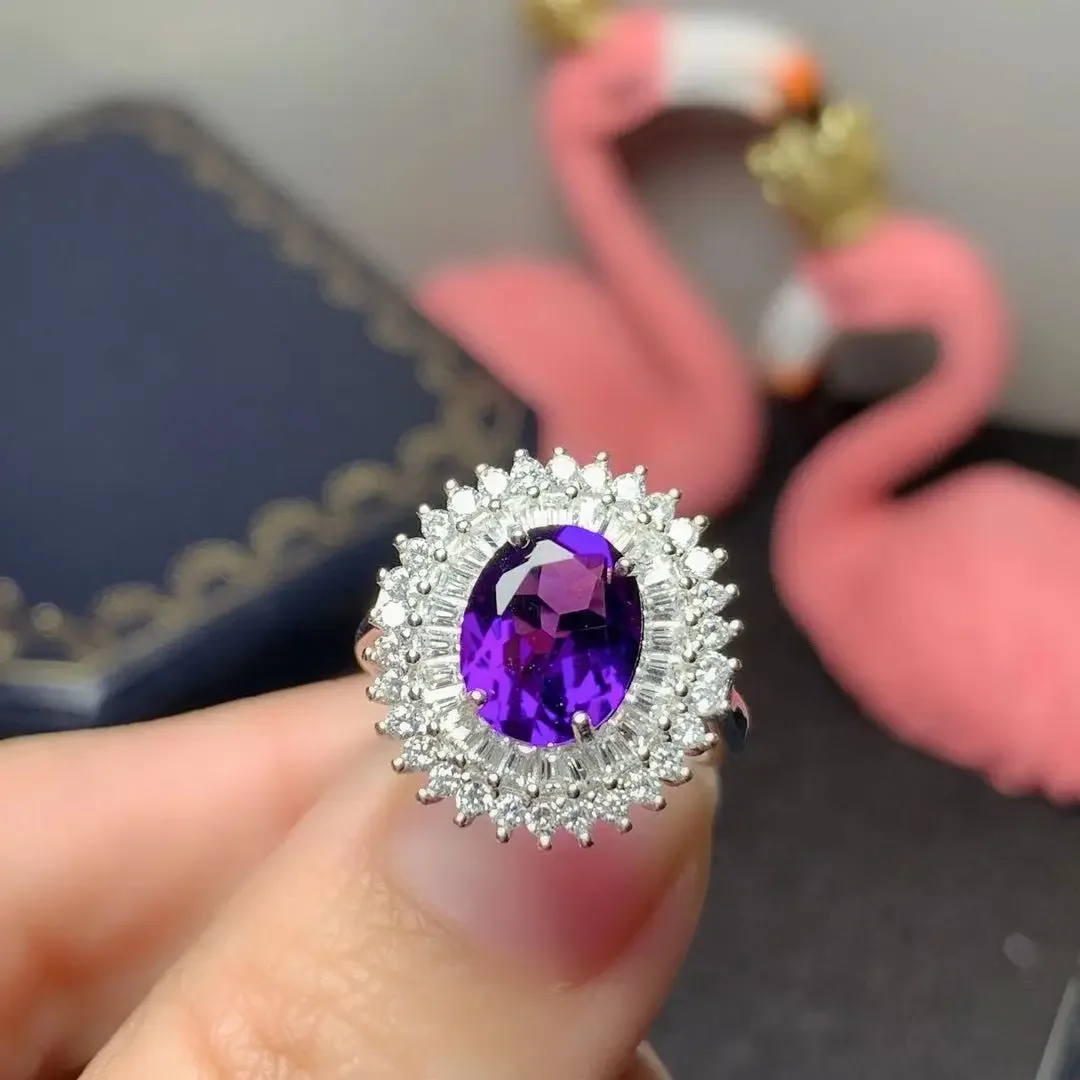 Natural Amethyst 925 Silver Amethyst 3ct 8mm*10mm VVS Grade Amethyst Ring for Amethyst Silver Ring with 3 Layers 18KGold Plating