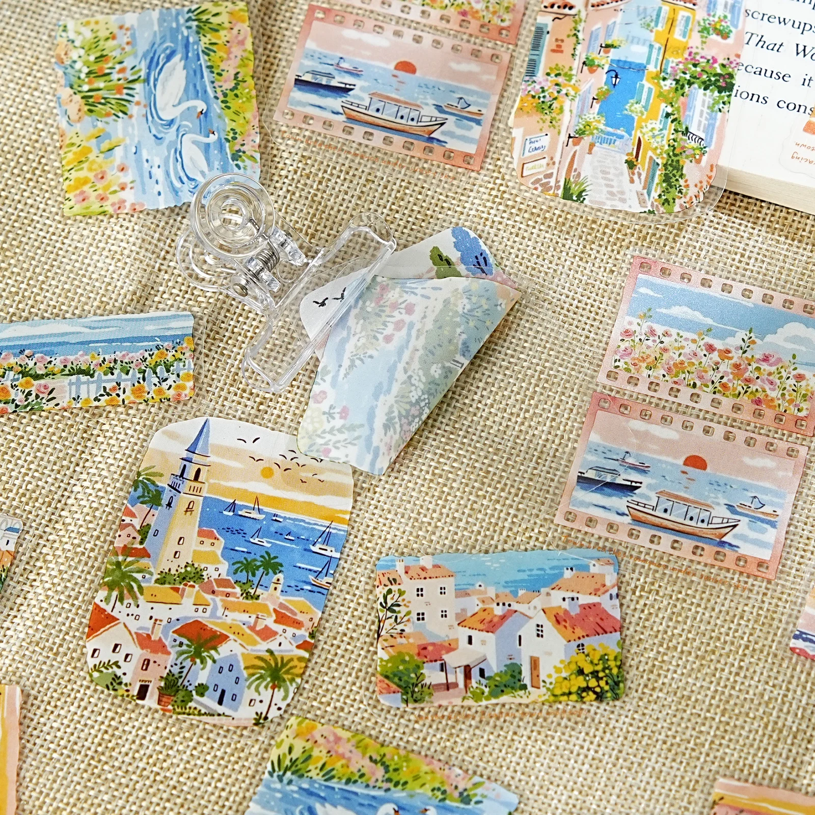 Etori Life Fresh Seaside Travel Stickers 30Pcs Small Town Scenery Journal Collage Material Suitable for Luggage, Laptop, Guitar, Skateboard, Refrigerator, Room Decoration, Handmade Scrapbooking Supplies, DIY Crafts, Office Decoration Accessories, Envelopes and Gift Paper Bags, Label Seals, Birthday and Holiday Gifts, Artistic Aesthetics, Waterproof Decals, School Supplies, Korean Stationery view 6