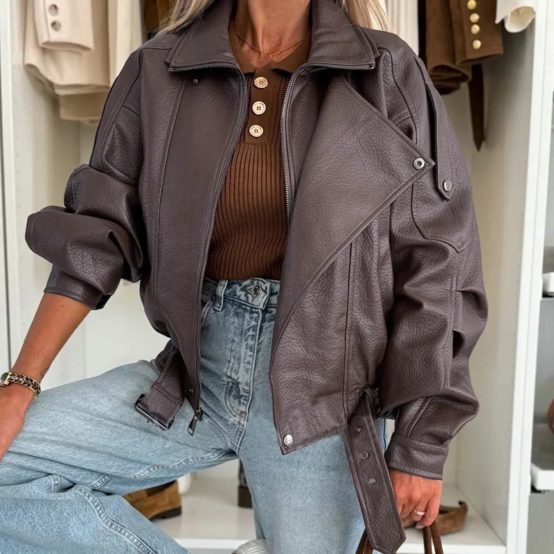 Abrigo de PU con cremallera de solapa para mujer, ropa de abrigo ajustada elegante para motocicleta, chaqueta de manga larga de cuero para Otoño e Invierno