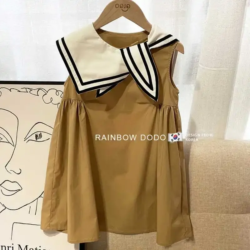 2023 New Korean Fashion Summer Dress Girls Solid Color Loose Casual Cute Kawaii Sweet Contrasting Colors Sleeveless Chic Robes