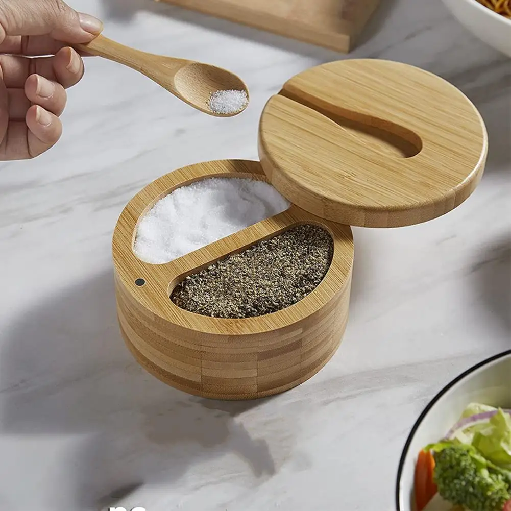 Bamboo Seasoning Storage Box with Magnetic Swivel Lid Salt Cellar Pepper Sugar Spice Round Container Bowl Kitchen Gadgets