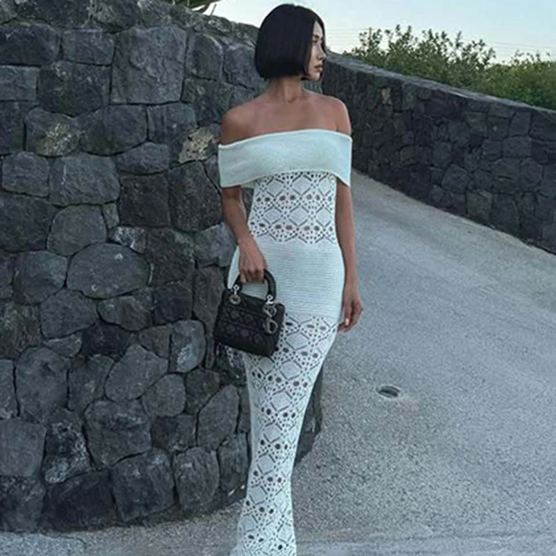 

Ticketsx Off Shoulder Hollow Maxi Dress Women's Sexy Knit Sleeveless Waist-Cinching Dress Lady Summer Party Club Elegant Dresses