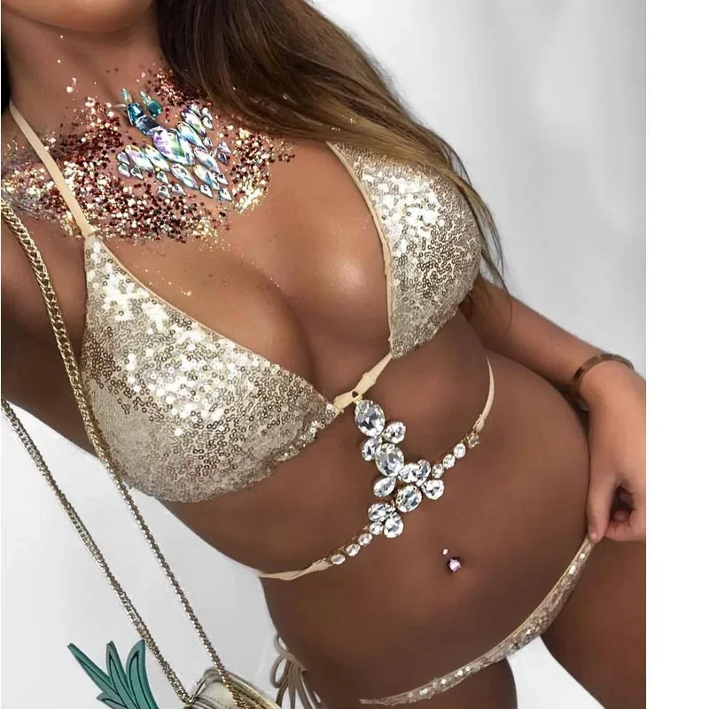 2022 Hot Solid Color Metal Diamond Bikini Women Bandage Triangle Brazilian Push Up Swimsuit Swimwear Ladies Bathing Suit
