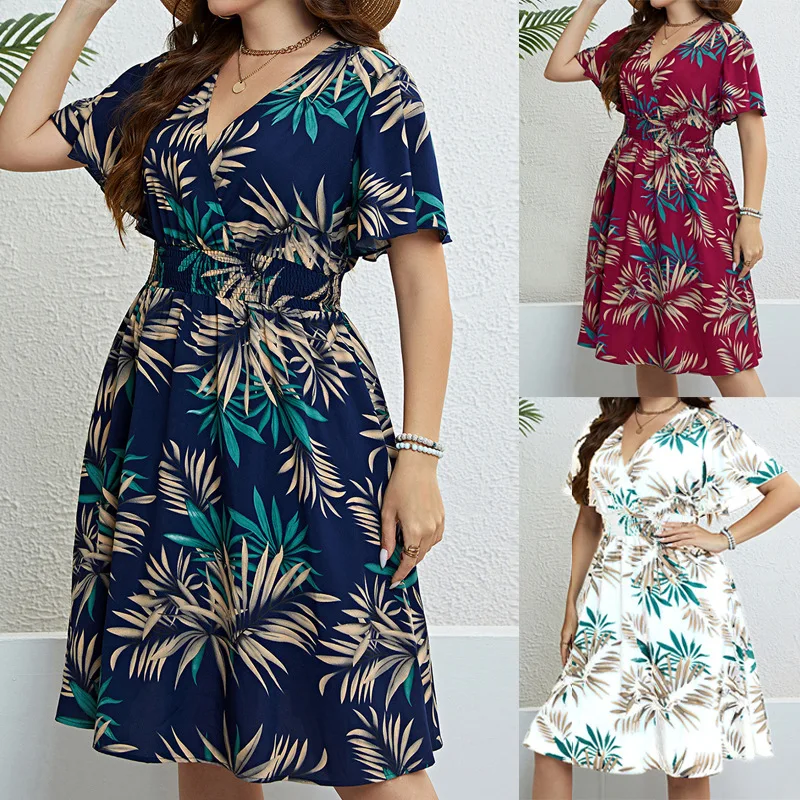 

V-Neck Tie Waist Slimming Short Sleeve Dress High Waist Floral Printed Oversized Plus Size Dress for Women Summer Casual Beach