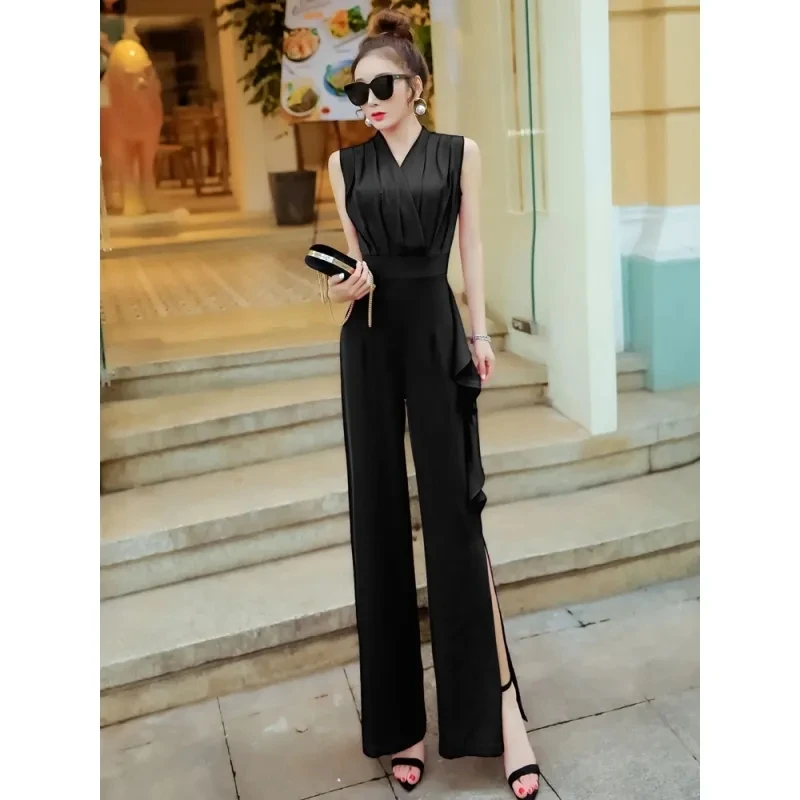 Fashion age-reducing ruffled jumpsuit women's high waist slim wide leg pants pants jumpsuit summer new style.