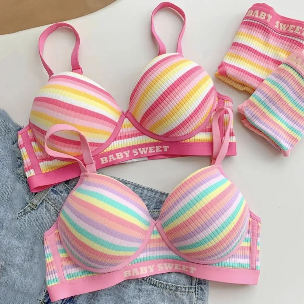 Creative Rainbow Stripes Bra Comfortable 3/4 Cup Women's Gathered Underwear Full Coverage Breathable Women Colorful Underwear