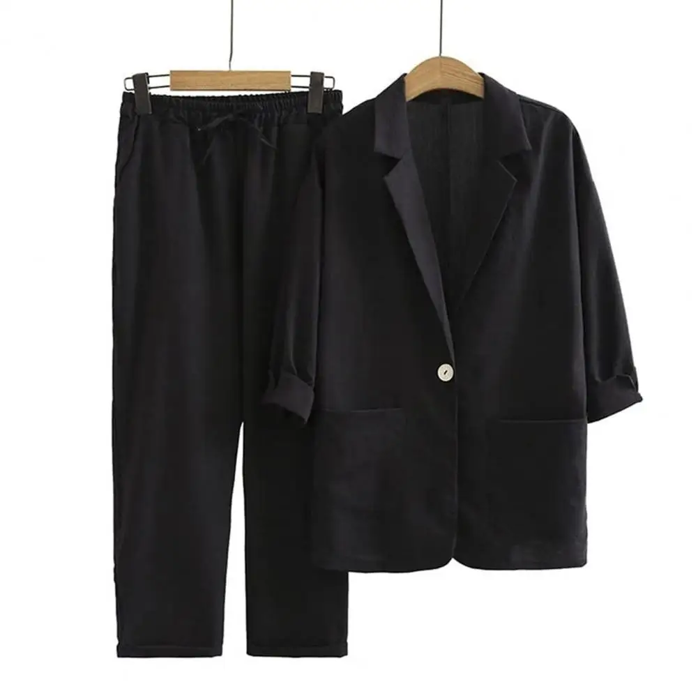 Elegante Frauen Blazer Hosen Set 3/4 Hülse Ashion 2-teiliges Set Einfarbig Frühling Herbst Casual Outfit Vintage Dame Hosen Sets