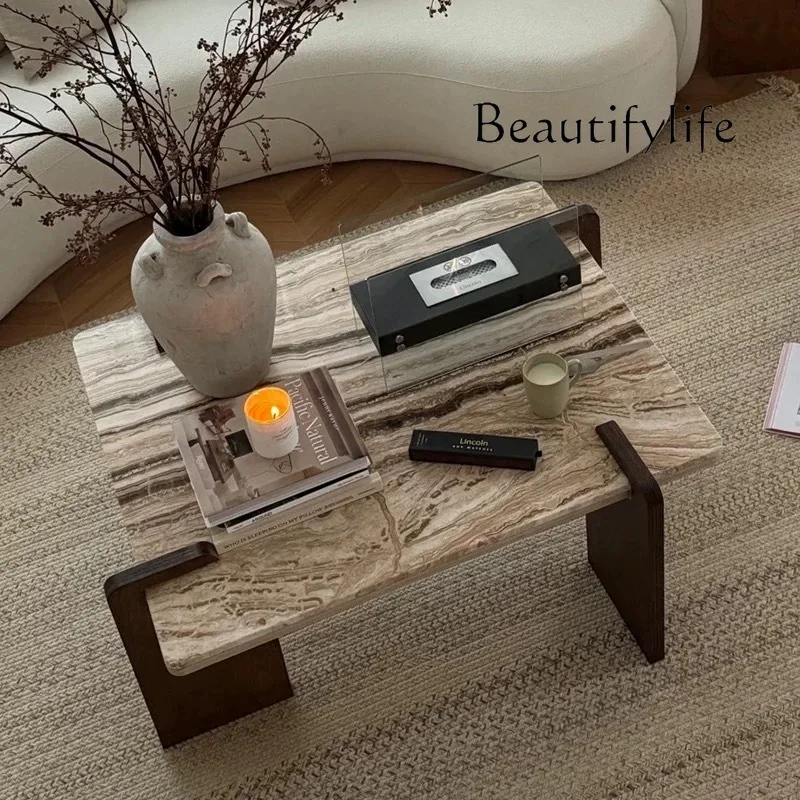 

X French Vintage Travertine Coffee Table-Wabi-Sabi Natural Stone Tea Table W/ Cream Palette For Mid-Century Living Room&Zen Deco