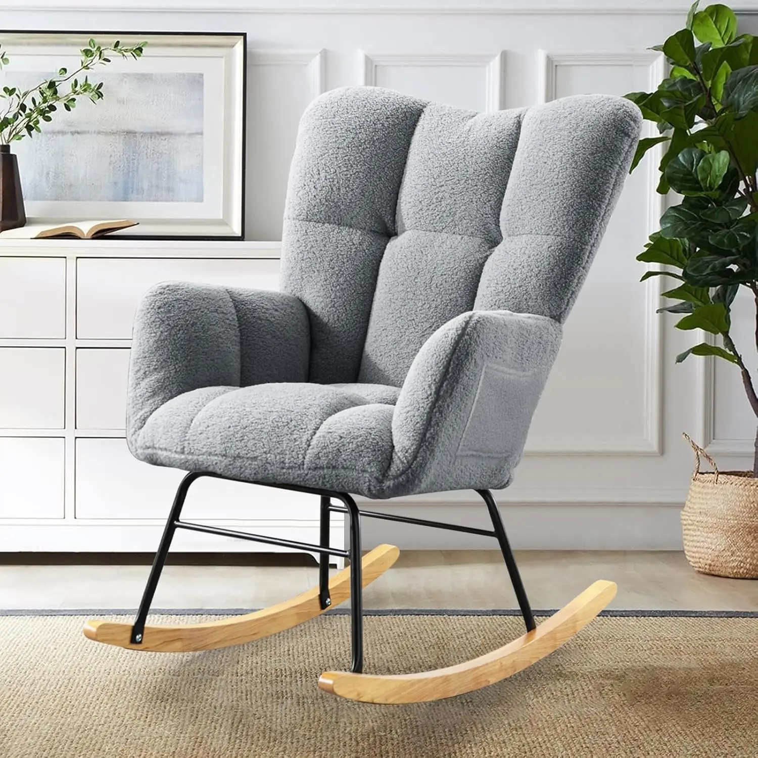 SoarFlash Nursery Rocking Chair Teddy Fabric Glider Chair Upholstered Rocker Accent Armchair with High Backrest and Wood Legs