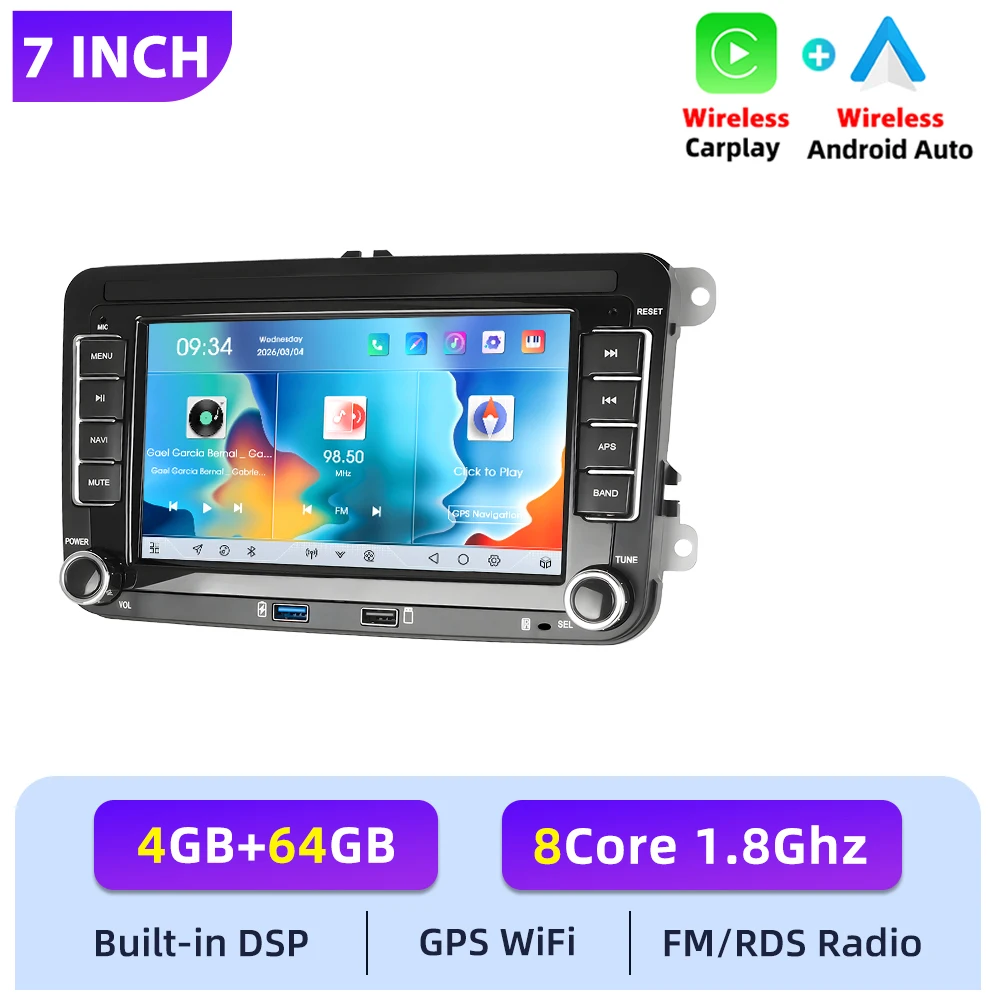 Podofo 2DIN 4+64G autoradio voor Seat Altea vanaf 05/2004, draadloze Carplay, Android Auto, Mirror Link, GPS, WIFI, autoradio, BT, USB, FM/RDS