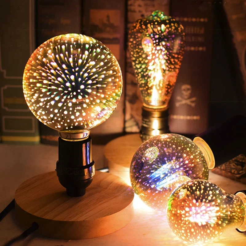 3D Colorful LED Edison Light Bulb E27 220V Vintage Fireworks Decoration Bulb ST64 G95 A60 Christmas Ampoule LED Lamp Lighting